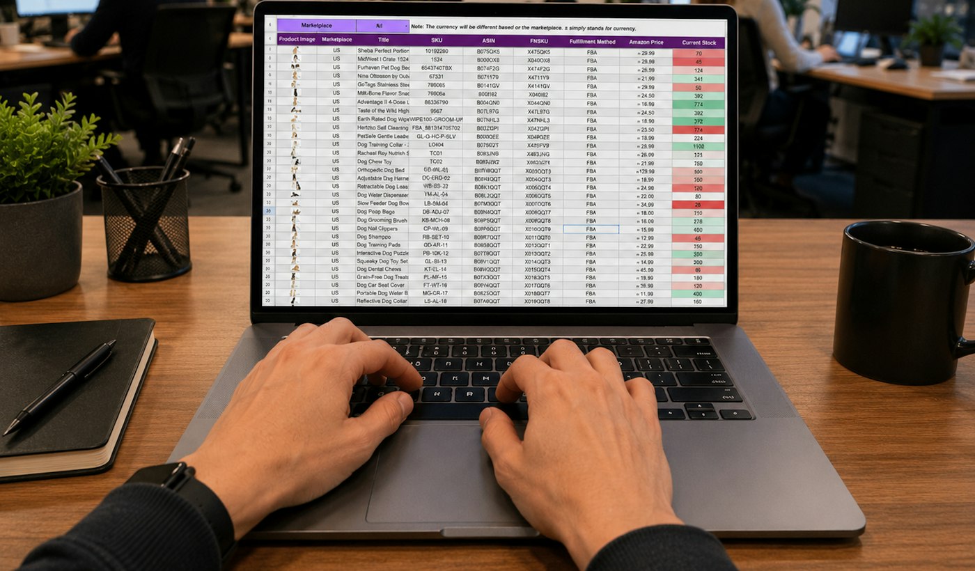 Hands typing on a laptop displaying a data spreadsheet